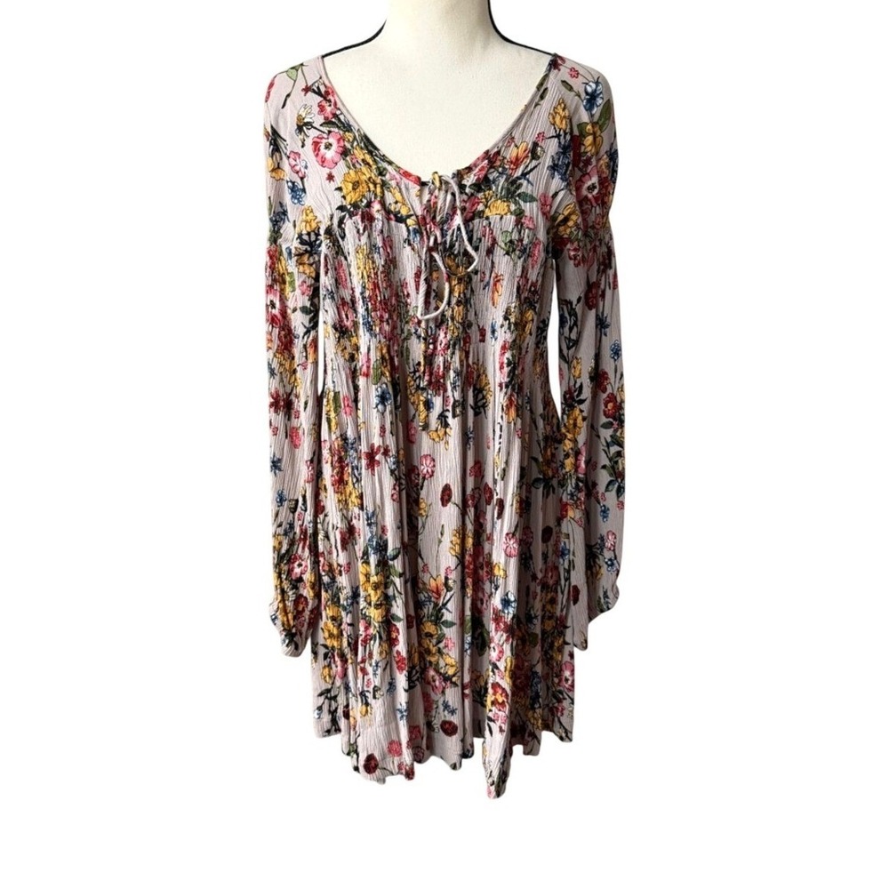 3/$20 💥 Anama Blush Floral Mini Dress Smocked Tie Neck Boho Peasant Flowy M
